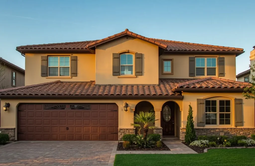 Clay tile roof on a Mediterranean-style California home in Walnut Creek, CA with terracotta barrel tiles