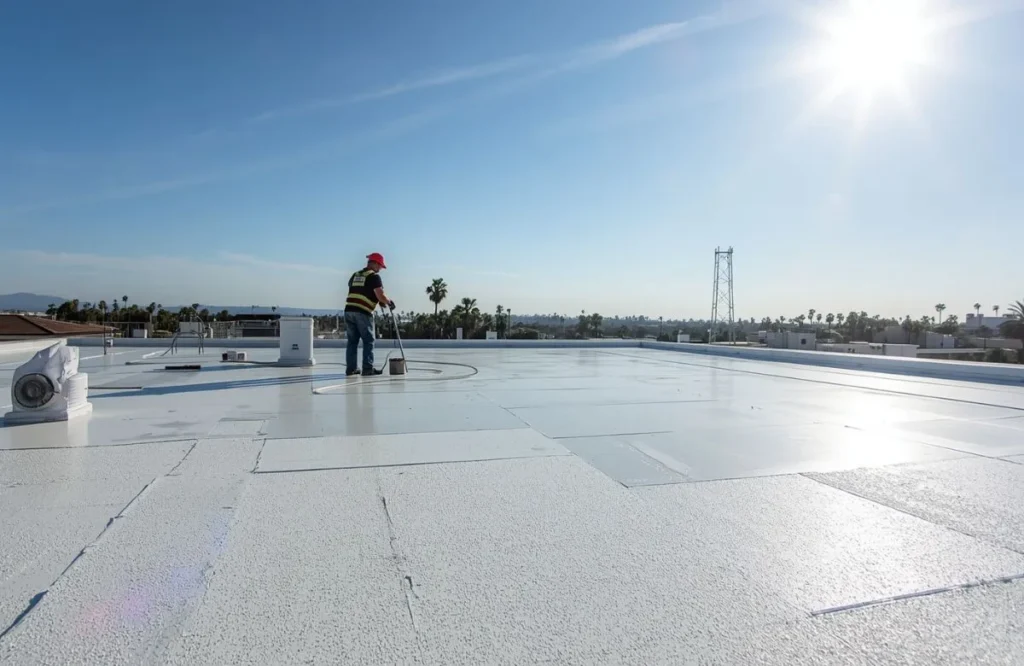 Cool roofing system with reflective coating being applied on a California home in Walnut Creek, CA