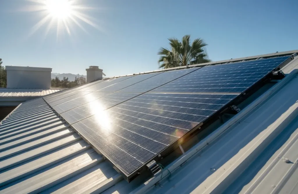 Solar panels installed on a standing seam metal roof on a modern Walnut Creek, CA home in bright California sunlight