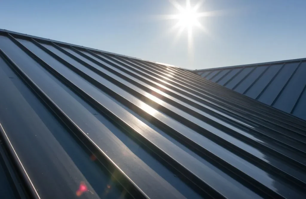 Standing seam metal roof on a modern California home in Walnut Creek, CA reflecting afternoon sunlight